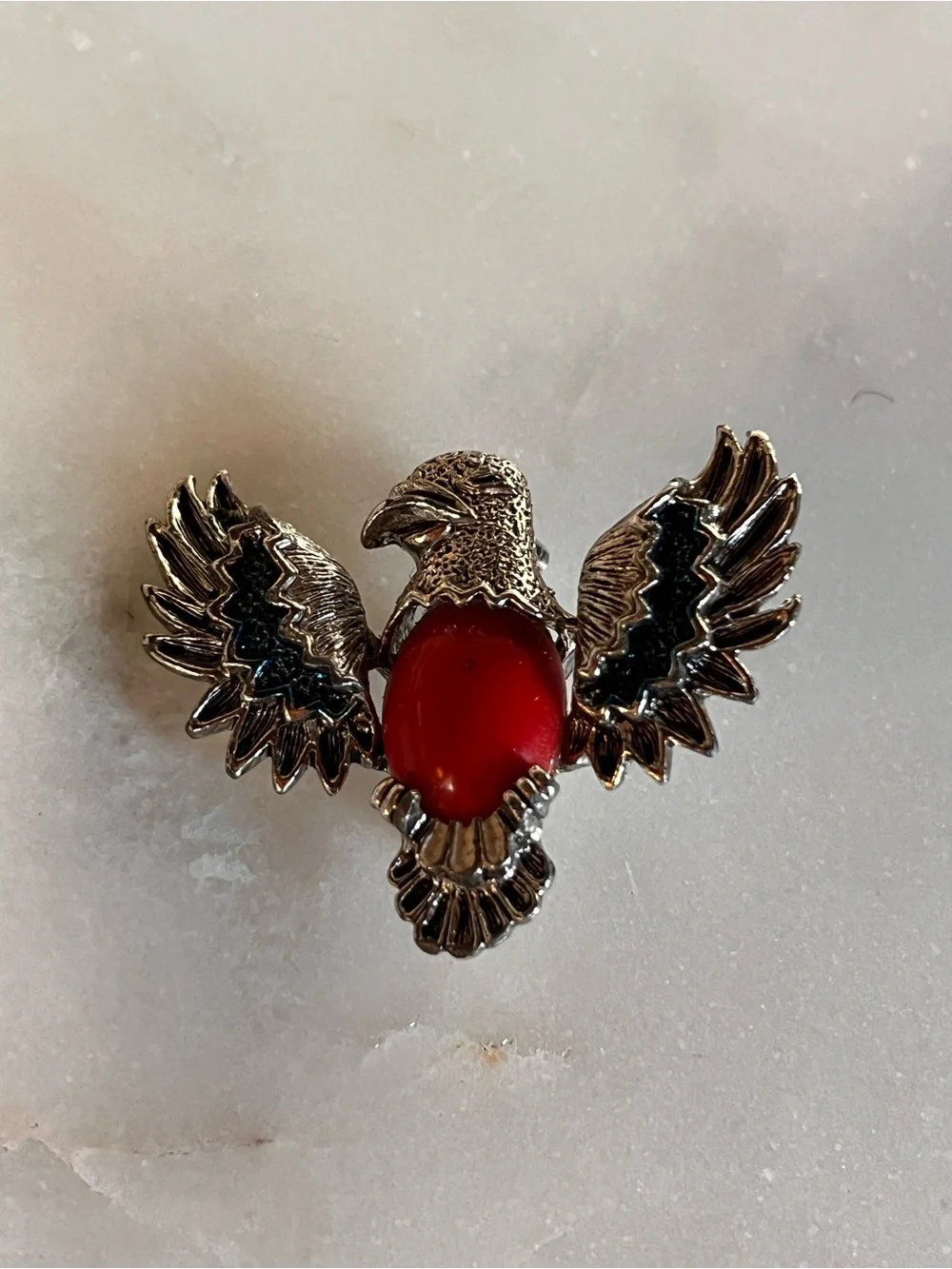 Vintage Gerry's Eagle Brooch Pin Silver Tone Faux Coral Red Cabochon
